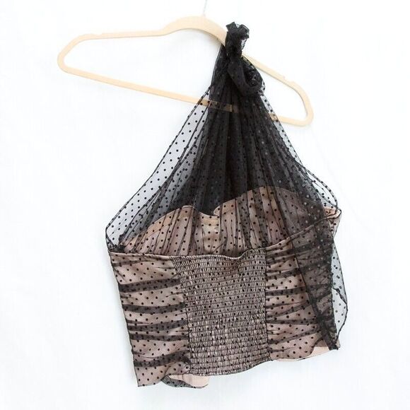 Anthropologie Pink Smocked Retro Bustier Corset One Shoulder Mesh Polka Dots L - Picture 3 of 4